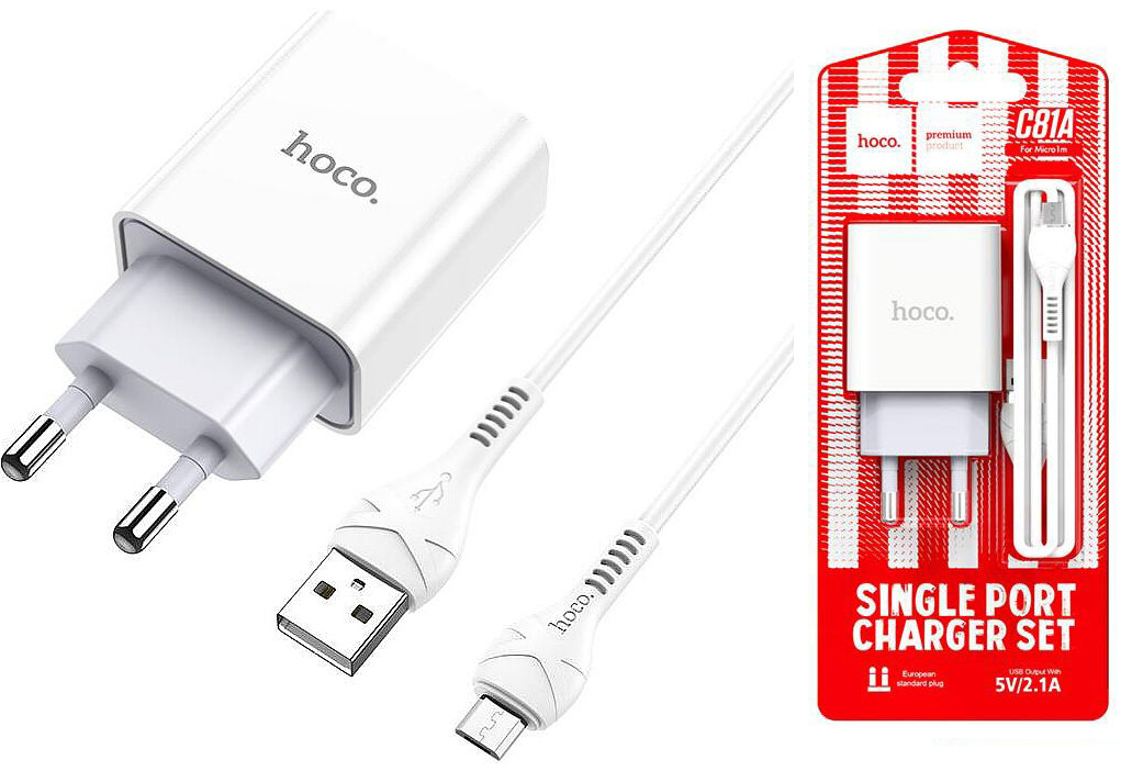 Сетевое зарядное устройство HOCO C81A USB 21A Micro USB + кабель белый