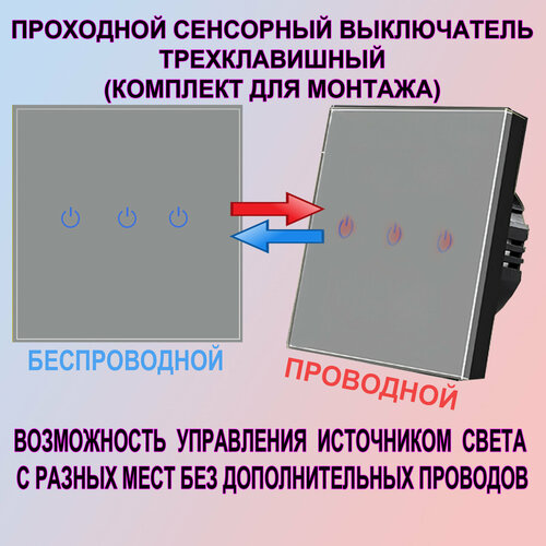 Сенсорный выключатель света трехклавишный проходной серый в комплекте с беспроводным держатели hisomone крепление на вентиляторную решетку с беспроводным з у сенсорный