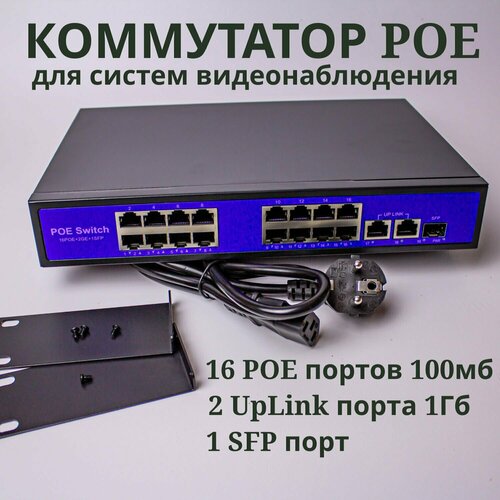 Коммутатор свитч 16 POE 8023afat портов 2 ETH порта 1000Mbs SFP 879000₽