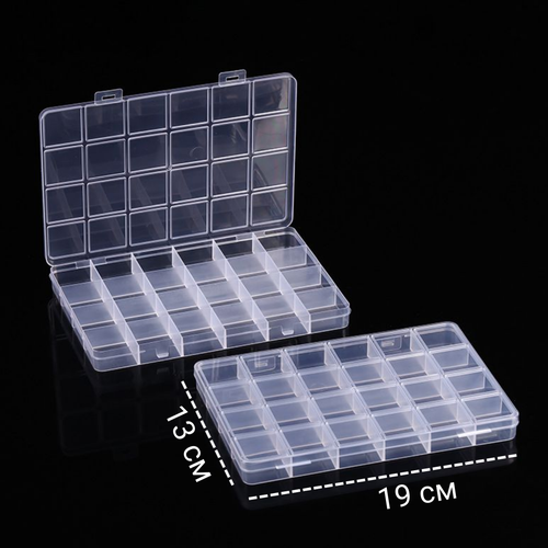 Бокс для бисера, органайзер для хранения мелких вещей, пластик, прозрачный, прямоугольный 19 х 13 х 2 см, 24 ячеек.