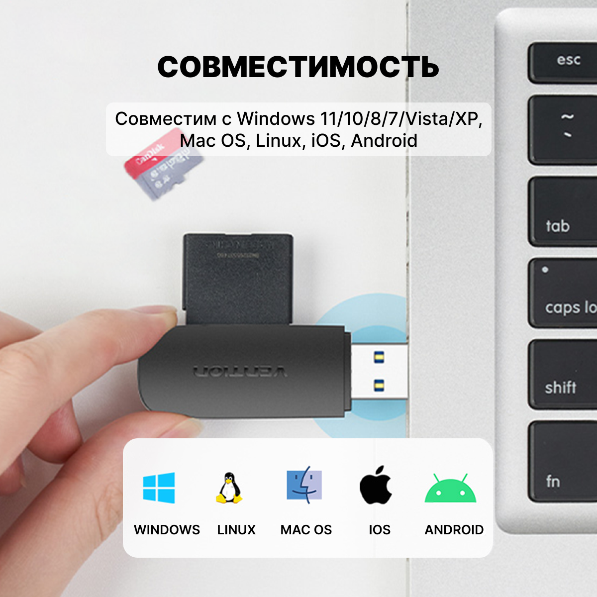 Vention Кардридер на 2 порта (SD+TF) USB 30 устройство для чтения карт памяти арт CLGB0