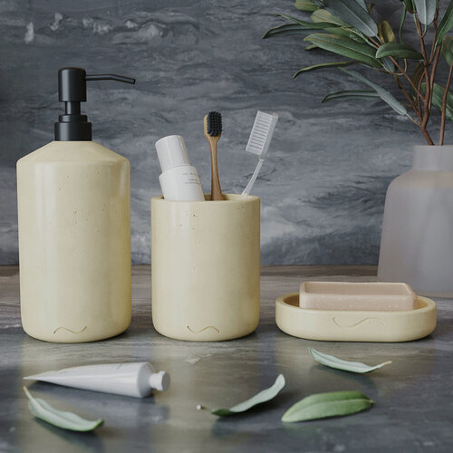 Изображение товара Набор для ванной комнаты Astrid 30 (дозатор с черной помпой, стакан, мыльница), бетон, кремовый глянцевый