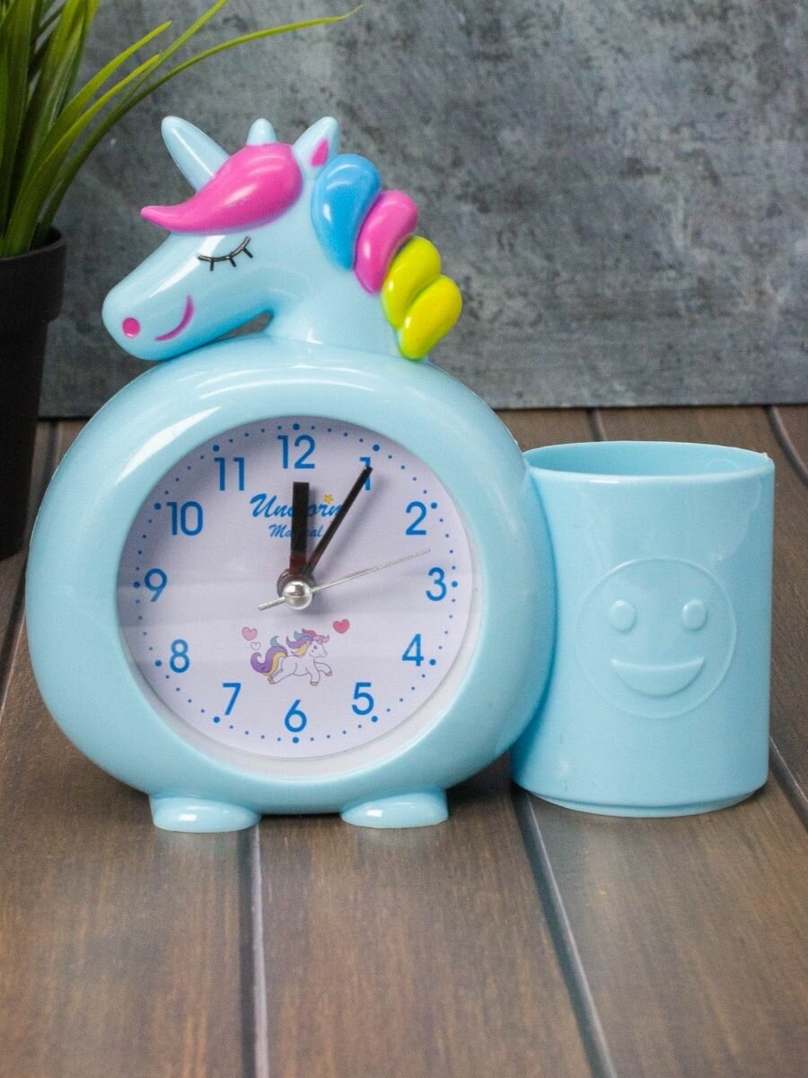 Часы настольные с будильником и подставкой для канцелярии Rainbow unicorn blue