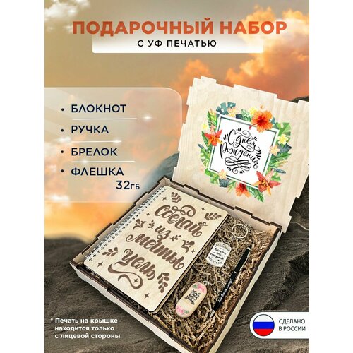 Подарочный набор в коробке С днем рождения подарочный бокс на праздник, 4 предмета (блокнот в твердом переплете, ручка, флешка 32GB, брелок) подарочный набор в коробке с днем рождения ваня подарочный бокс на праздник 4 предмета блокнот в твердом переплете ручка флешка 32gb брелок