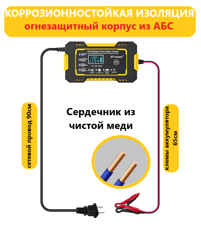 Автоматическое зарядное устройство 12В с функцией импульсного восстановления и ремонта / Yellow