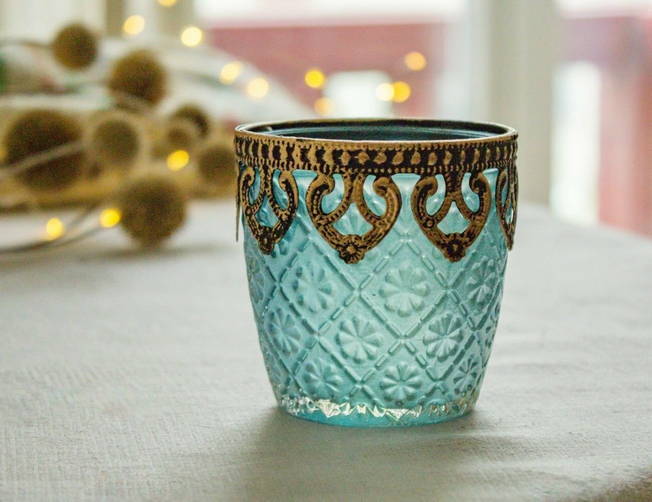 Стеклянный подсвечник, под чайную свечу, голубой, 7.5 см, Goodwill - фотография № 3