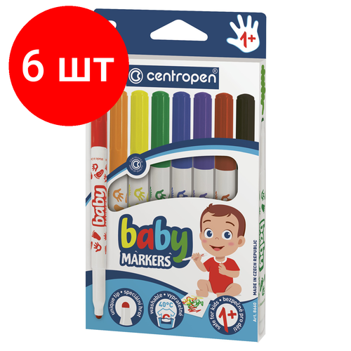 Комплект 6 шт, Фломастеры Centropen Baby markers, 08цв, утолщенные, смываемые, картон, европодвес