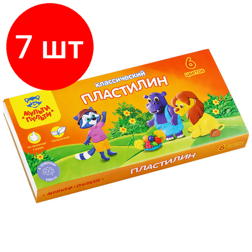 Комплект 7 шт, Пластилин Мульти-Пульти Приключения Енота, 06 цветов, 120г, со стеком, картон