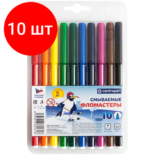 Комплект 10 шт, Фломастеры Centropen Washable, 10цв, смываемые, блистер набор фломастеров centropen magic 1 8 мм 10 шт