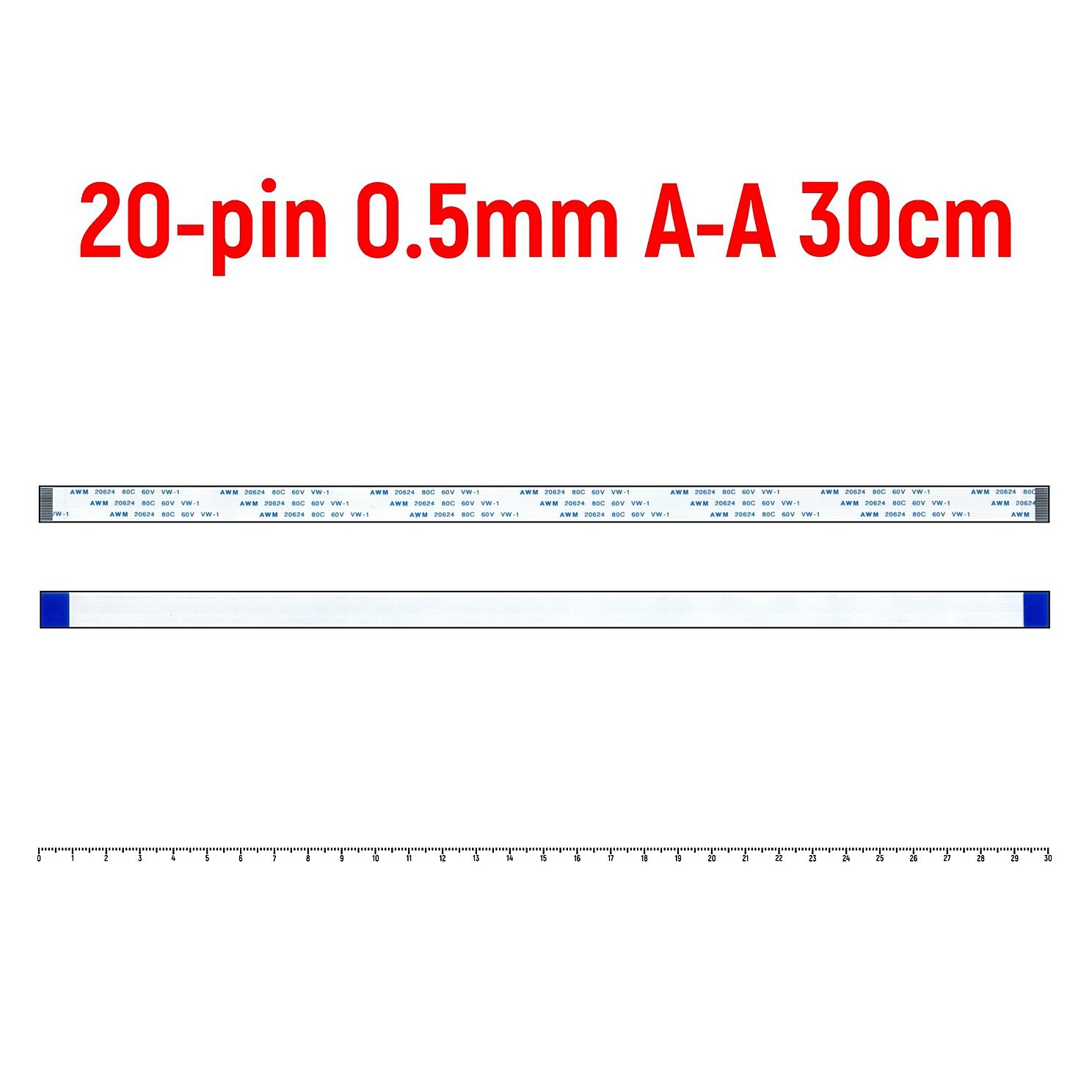 Шлейф FFC 20-pin Шаг 0.5mm Длина 30cm Прямой A-A