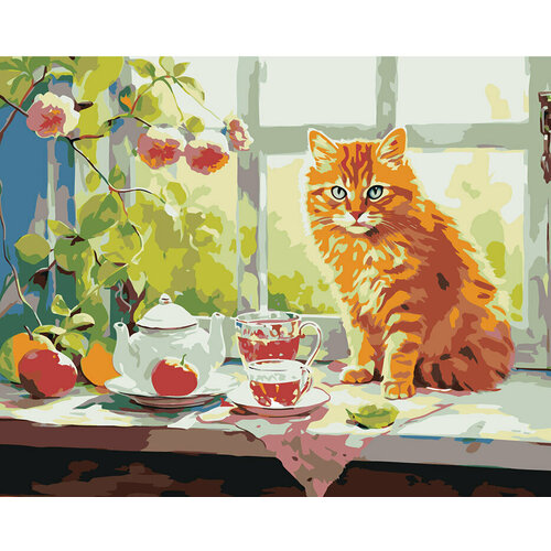 картина по номерам рыжий кот с рыбами под водой 2 Картина по номерам Рыжий кот пьет чай у окошка 2