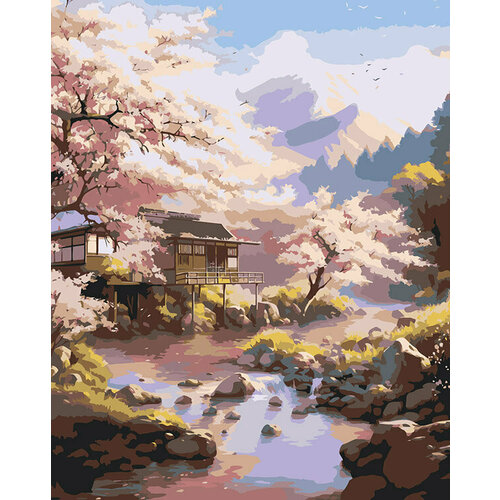 картина по номерам природа пейзаж с домом у ручья на закате Картина по номерам Природа пейзаж с японским домом и сакурой