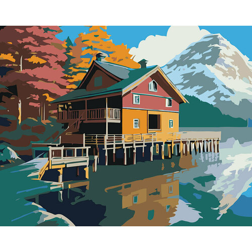 картина по номерам природа пейзаж с ручьем и видом на горы Картина по номерам Природа пейзаж с домом на озере