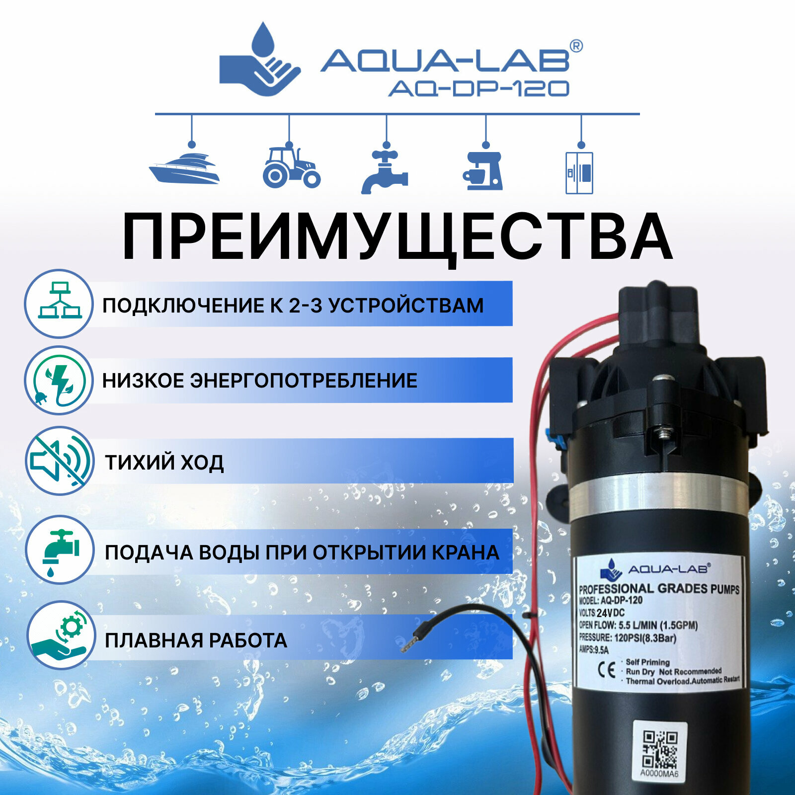 Обзор: Насос мембранный самовсасывающий AQUA-LAB AQ-DP-120B/Насос строительный (5.3 л/мин)