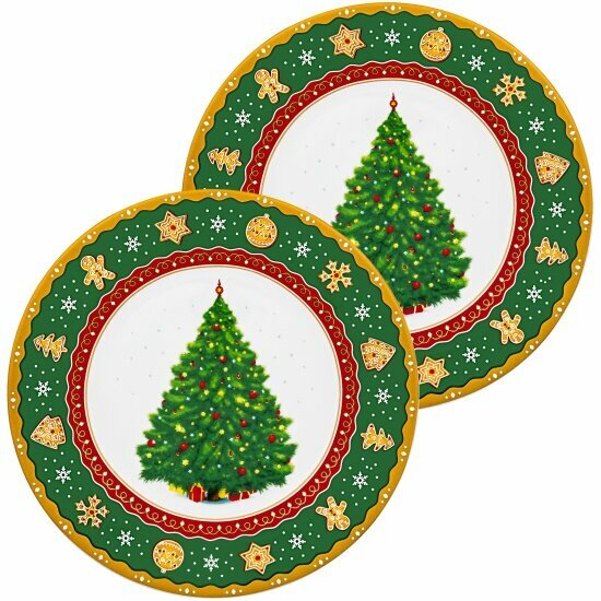 Набор тарелок десертных Elan Gallery "Новогодняя елка" зеленый узор 19х19х2 см 2 предмета (420679)