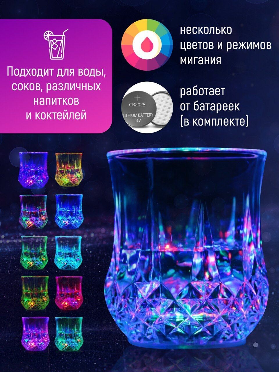 Стакан с подсветкой светодиодной / бокал светящийся / оригинальный подарок для вечеринок, посиделок, праздника / 200мл — фото 1