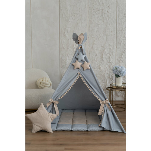 Детский вигвам с ковриком и окошком, для девочек и мальчиков от 1 до 9 лет светло-серый