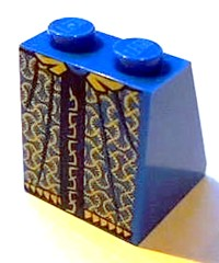 Slope 65 2 x 2 x 2 with Bottom Tube with Minifigure Dress / Skirt / Robe, Gold and Dark Blue Pattern, 3678bpb060 Blue N