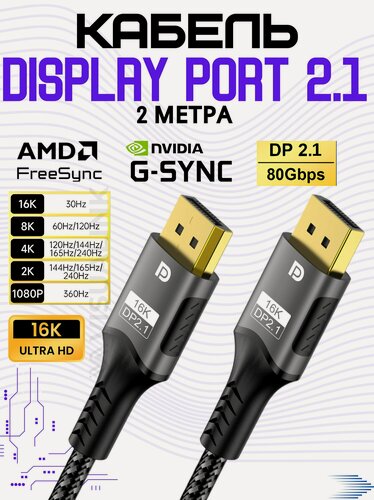 Изображение товара Кабель DisplayPort 2.1 16 К с поддержкой NVIDIA G-SYNC 1440p@540Hz, 4K@240Hz, 8K@60Hz, 16K@30 Hz, VISUALINK длина 2 метра
