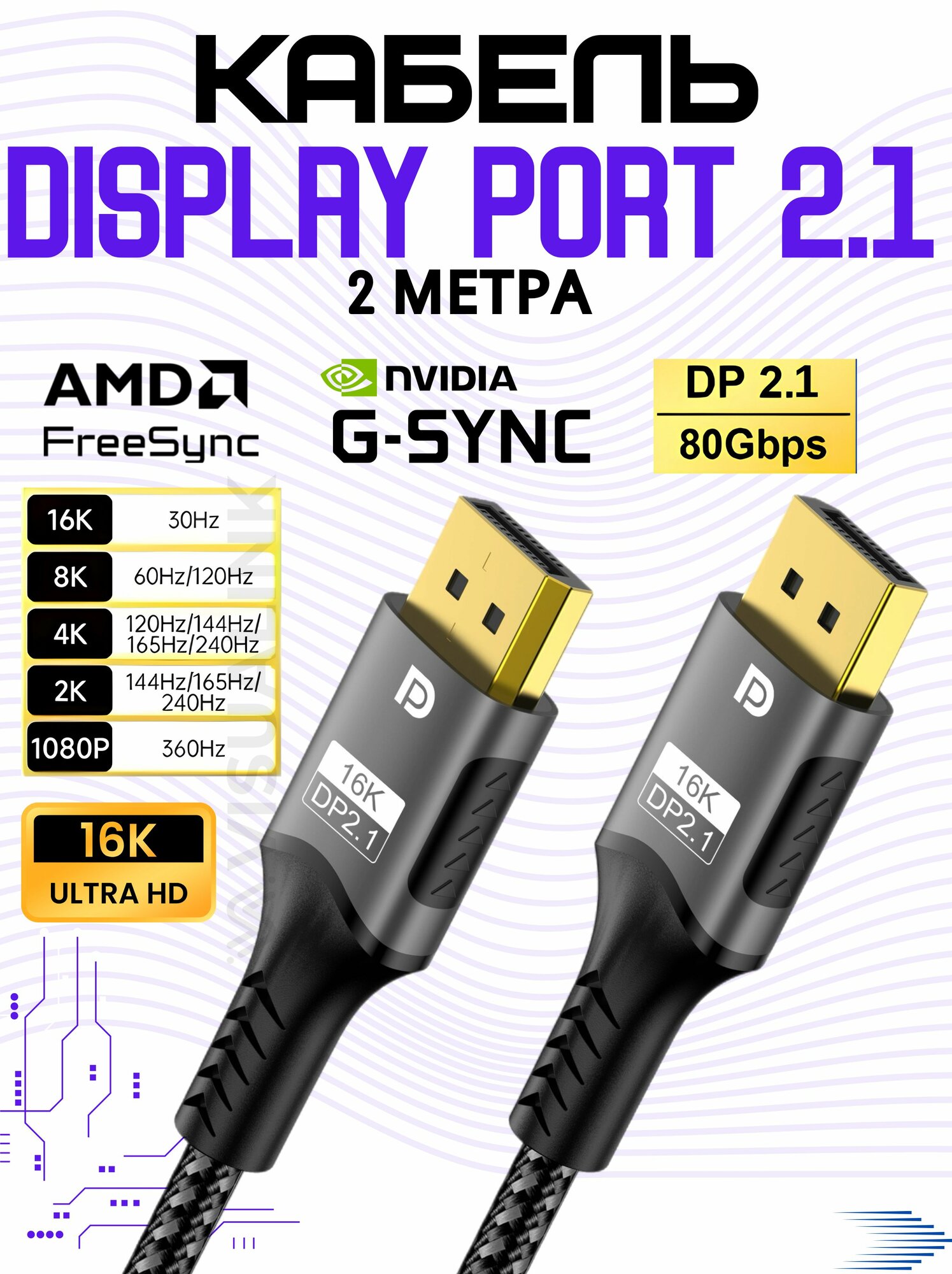 Кабель DisplayPort 2.1 16 К с поддержкой NVIDIA G-SYNC 1440p@540Hz, 4K@240Hz, 8K@60Hz, 16K@30 Hz, VISUALINK длина 2 метра