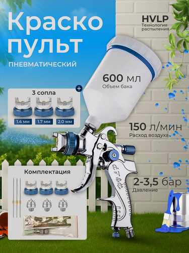 Изображение товара Краскопульт HVLP 5 в 1, пневматический, для компрессора, в комплекте 5 элементов