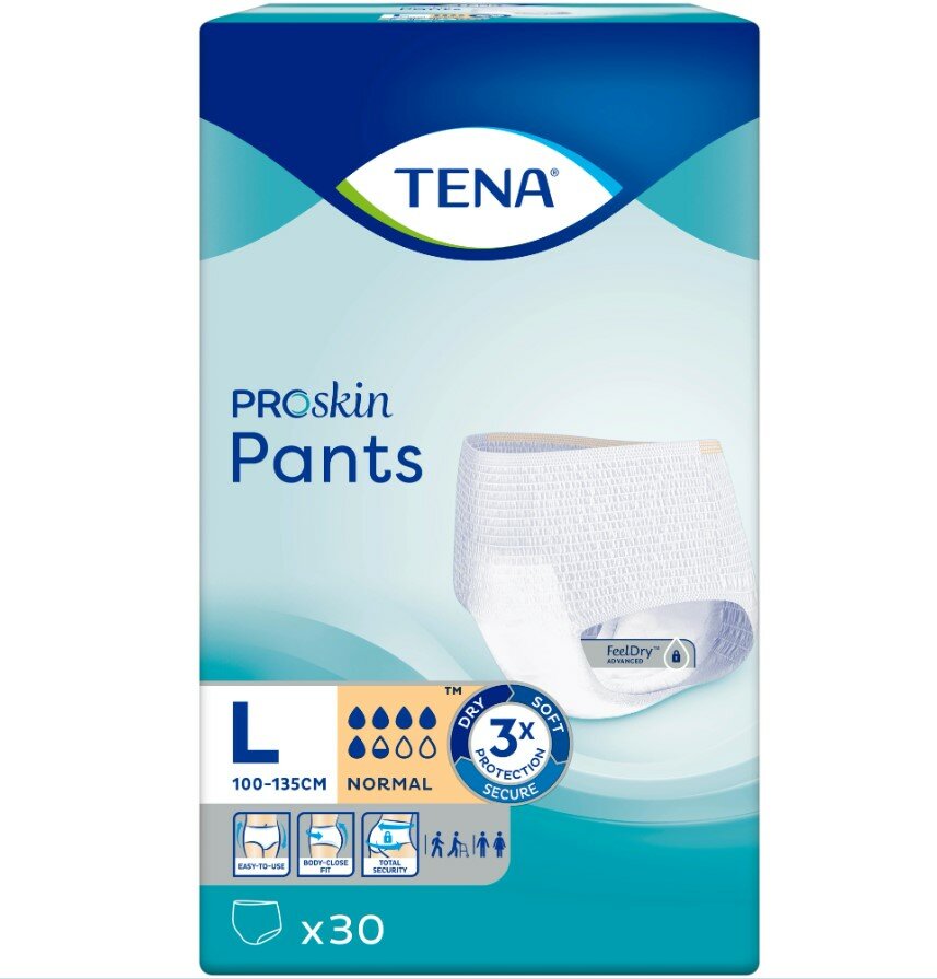 Трусы-подгузники для взрослых TENA Pants Normal, L (Large), Unisex, 5,5 капель, Объем талии 100 - 135 см, 30 шт.