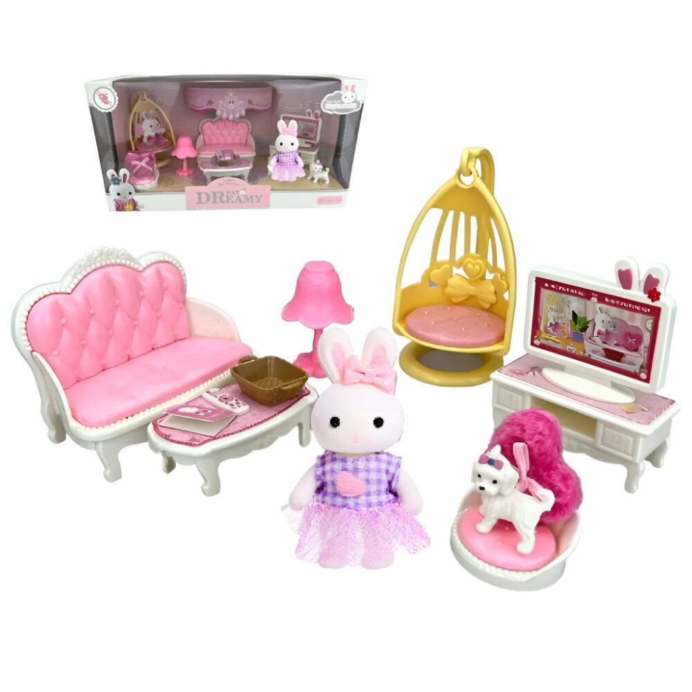Сюжетно-игровой набор фигурка Заяц с аксессуарами для девочек, мебель для кукольного домика Уютная гостиная