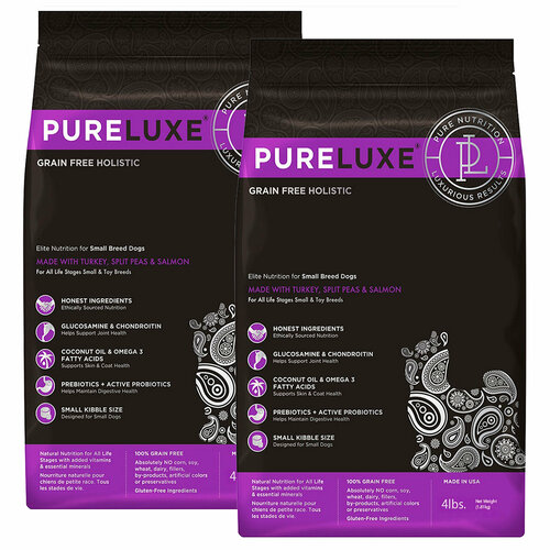 PURELUXE элитное питание беззерновой для взрослых собак маленьких пород с индейкой, горошком и лососем (1,81 + 1,81 кг)
