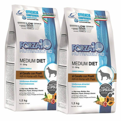 FORZA10 DOG MEDIUM DIET LOW GRAIN монобелковый низкозерновой для взрослых собак средних пород при аллергии с кониной и горохом (1,5 + 1,5 кг)