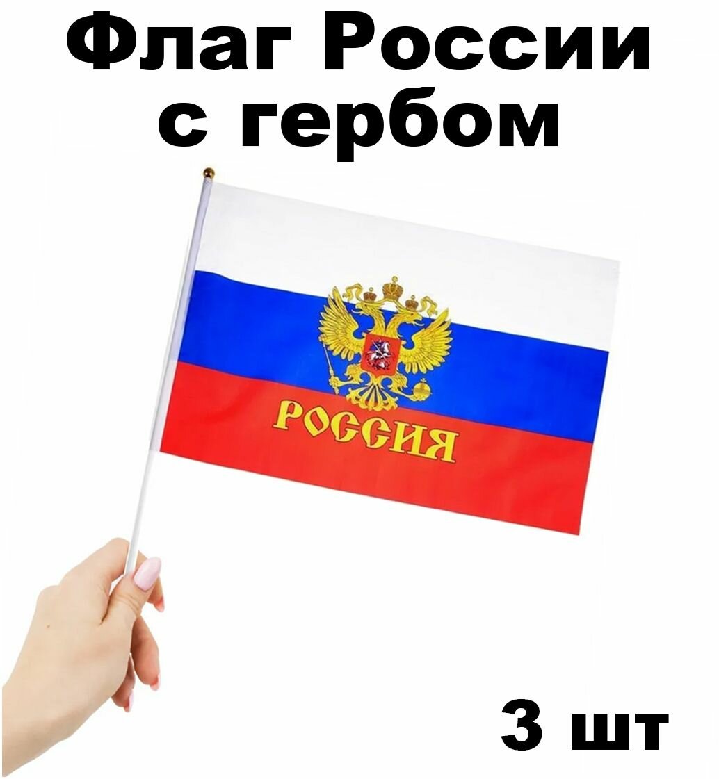 Флаг России с гербом маленький размер 20х30 (3 штуки)