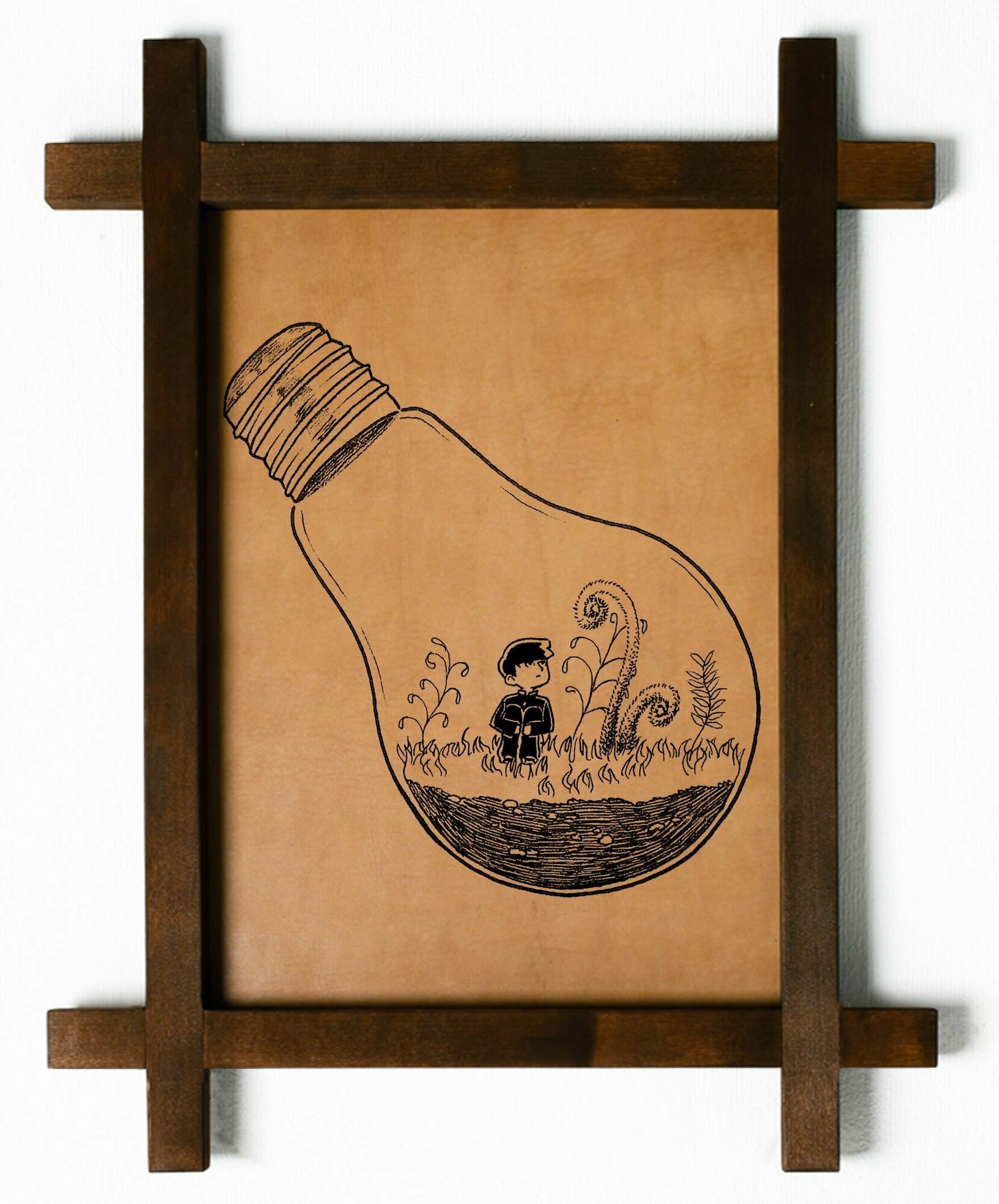 Картина Мальчик в лампе, гравировка на натуральной коже, интерьерная для украшения и декора на стену в деревянной раме, подарок, BoomGift