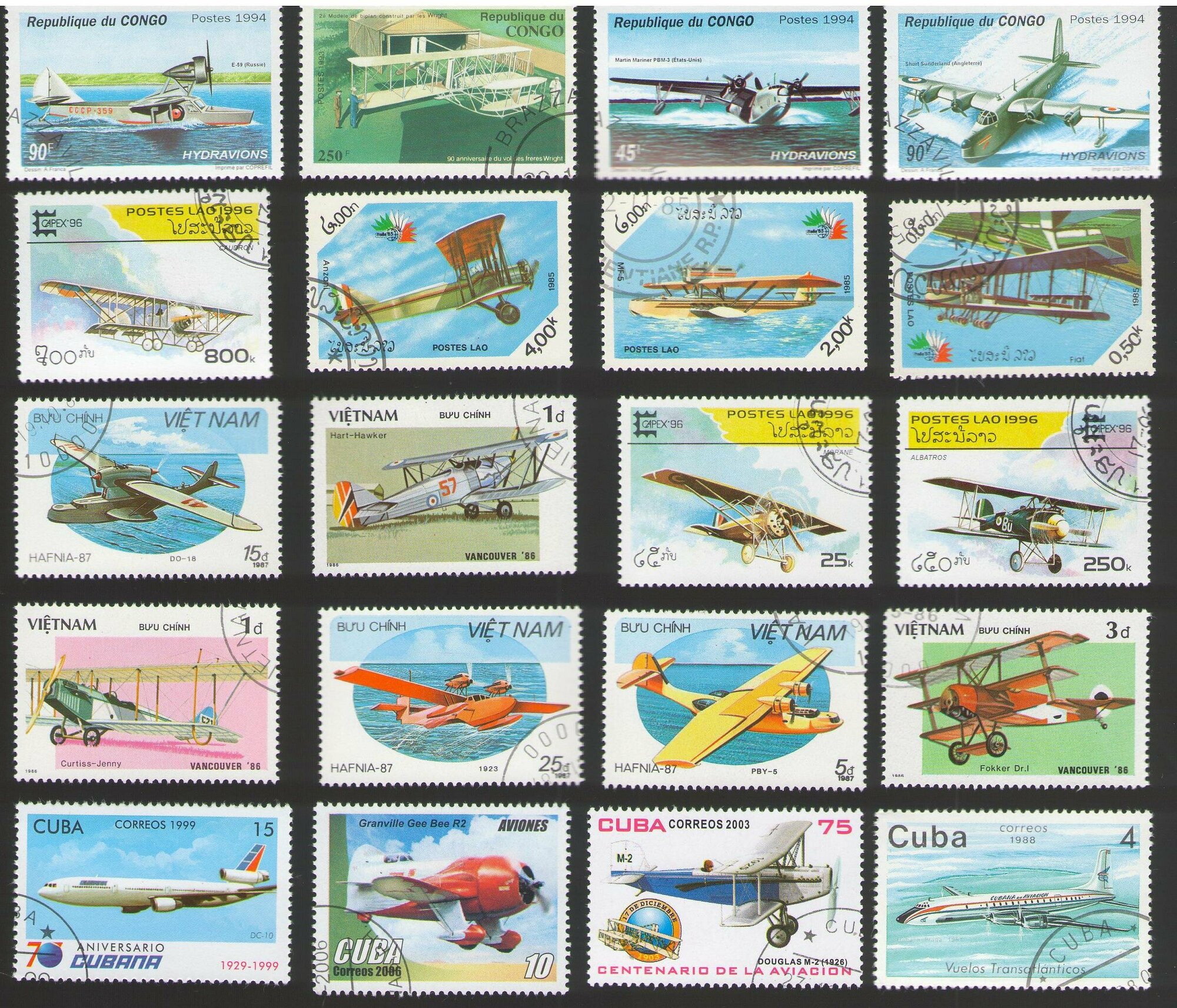 Набор №5 почтовых марок разных стран мира, тематика самолеты, 20 марок в отличном состоянии. Гашеные.