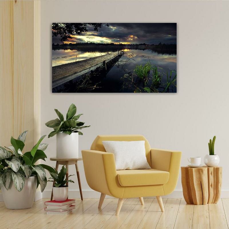 Картина на холсте 60x110 LinxOne "Деревья дома мостик закат" интерьерная для дома / на стену / на кухню / с подрамником