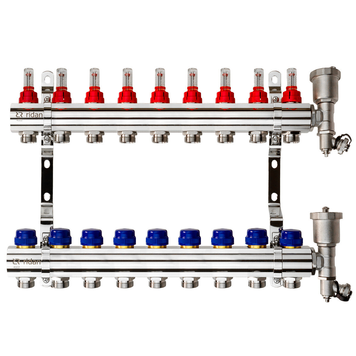 Комплект коллекторов Ридан FHF-9RF set с расходомерами, кронштейнами и воздухоотводчиками, 9 конт.