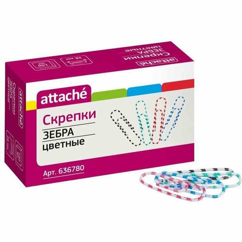 Скрепки Attache Зебра с полимерным покрытием,28 мм, разноцветные,100 шт/уп uliss chicory скрепки ico медные 28 мм 100 шт в карт уп