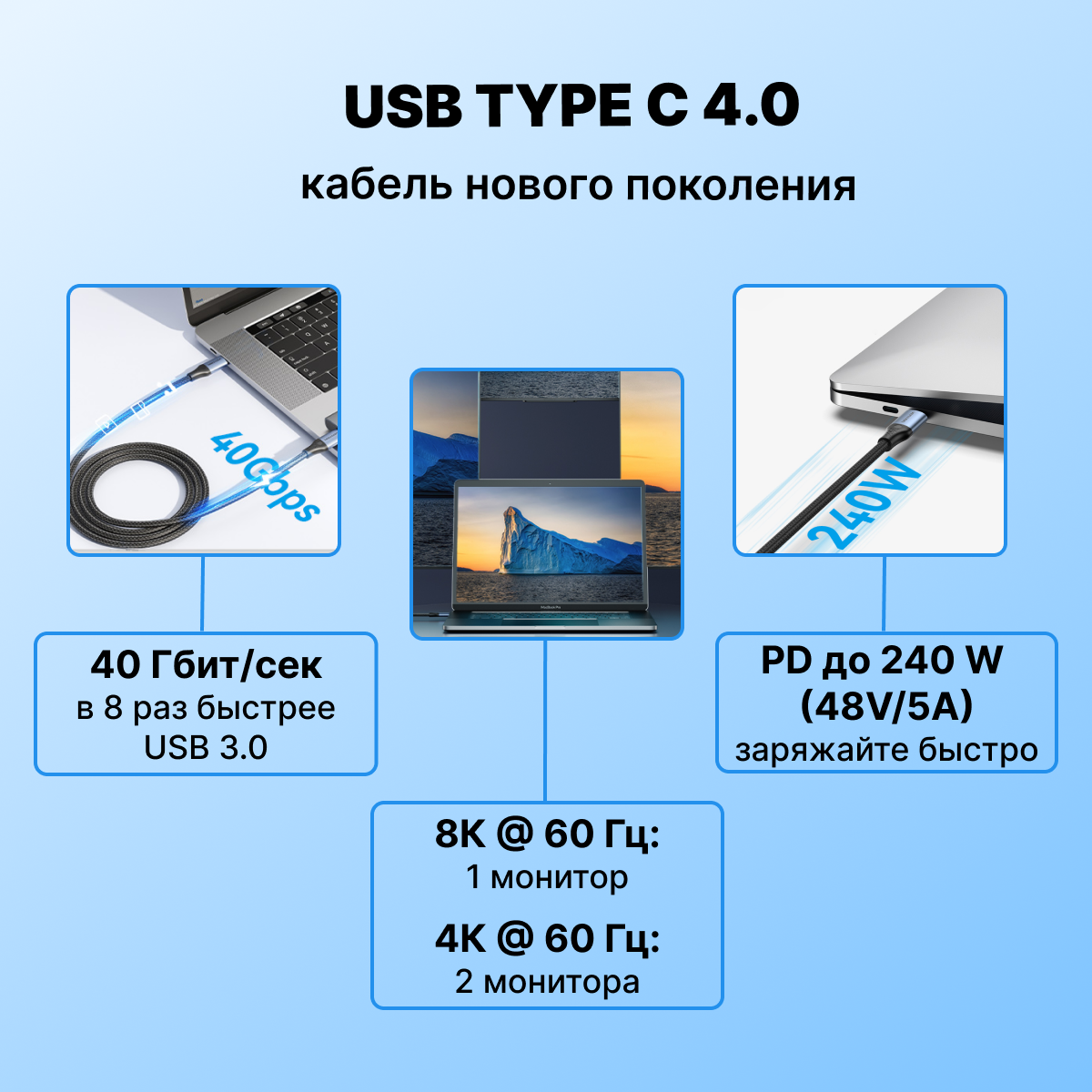 Кабель интерфейсный Vention USB 4.0 CM/CM - 1м - фото №4