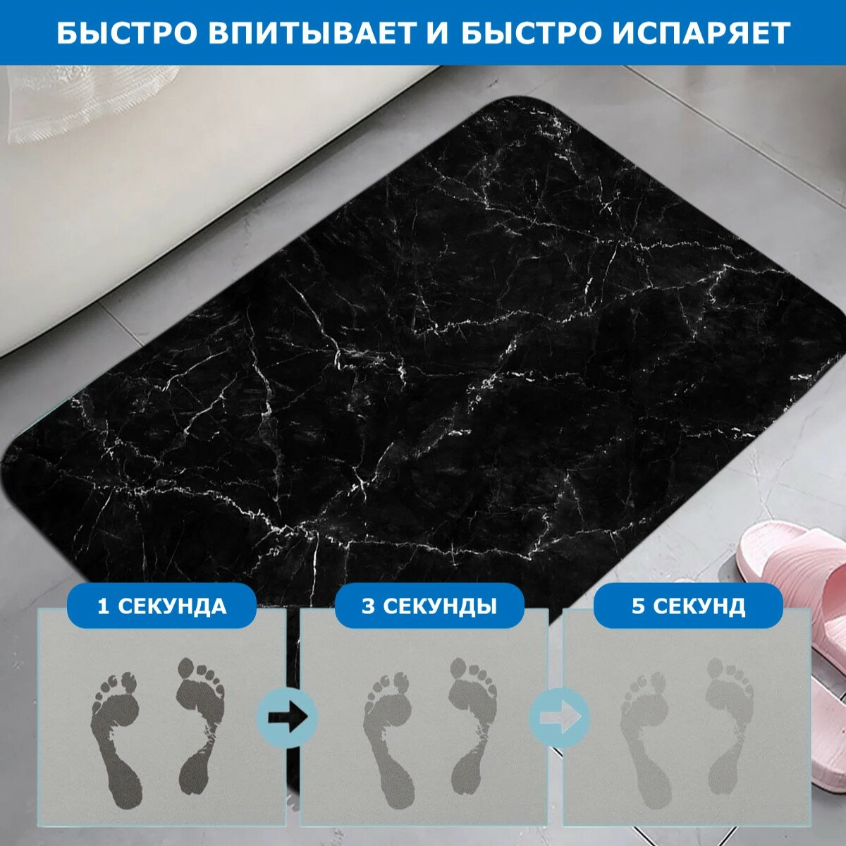 Коврик для ванной и туалета Ridberg Marble 50*80 см, влаговпитывающий, быстросохнущий, противоскользящий, прикроватный коврик, черный