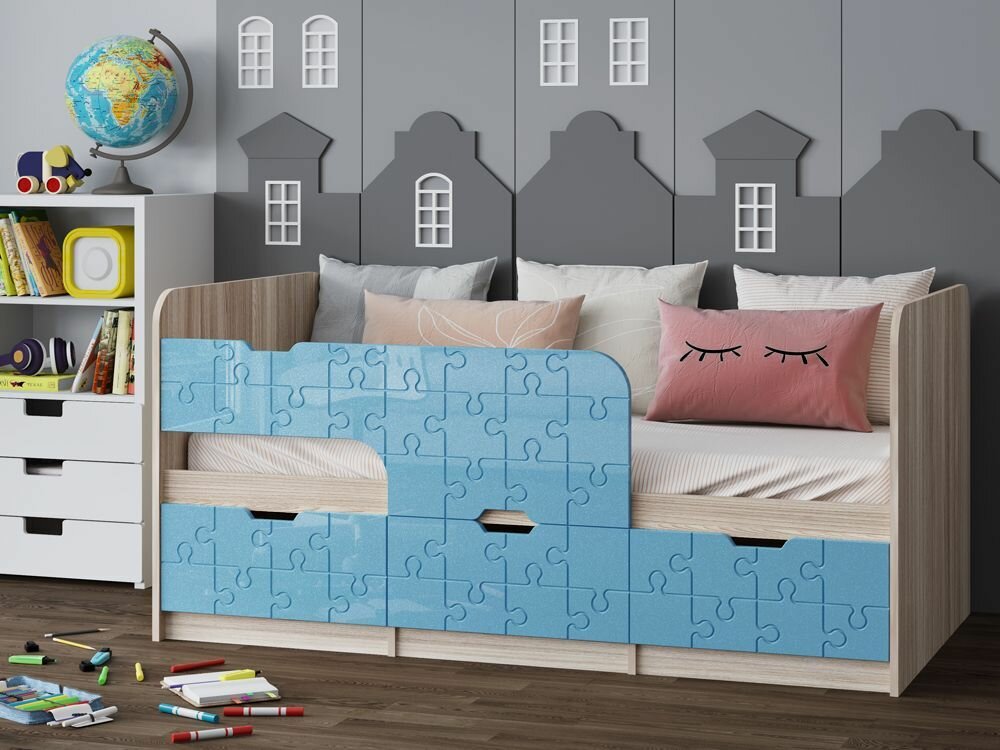 фото Детская кровать Юниор-9 1,6 МДФ голубой металлик_ясень шимо светлый