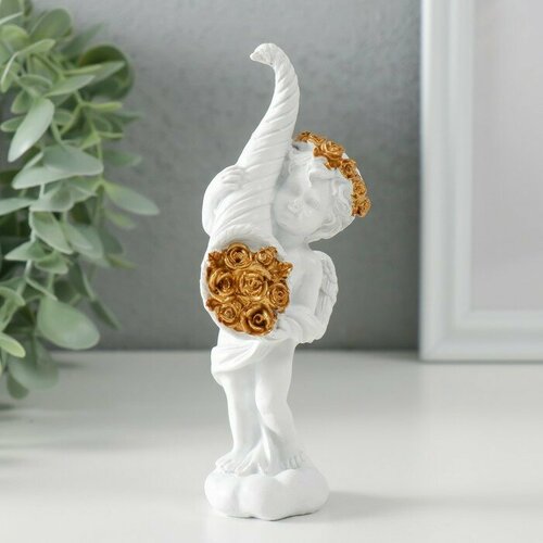 Сувенир полистоун Белоснежный ангел с рогом с розами 55х45х135 см 1шт 538₽