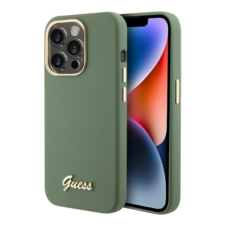 Guess для iPhone 15 Pro Max чехол силиконовый Gold metal logo & Camera frame хаки