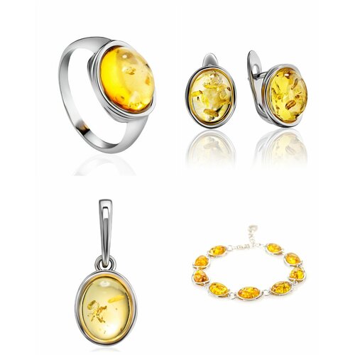 фото Комплект бижутерии: браслет, серьги, кольцо, подвеска, янтарь, желтый amberhandmade