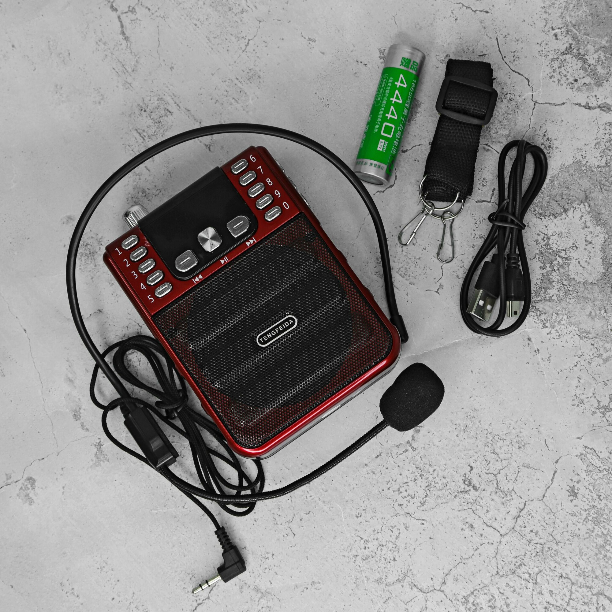Громкоговоритель рупор поясной с выносной съемной гарнитурой / Мегафон 30W, USB, радио, колонка MP3
