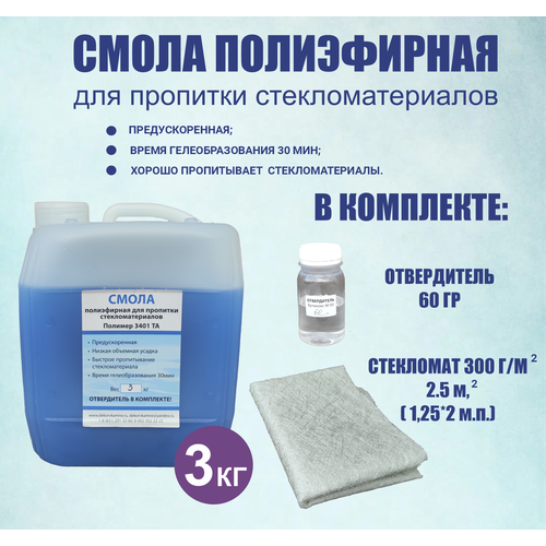 Комплект смола полиэфирная 3 кг + отвердитель + стекломат 2,5 м2 (2 м. п.*1,25 м. п) плотность 300 гр/м2.