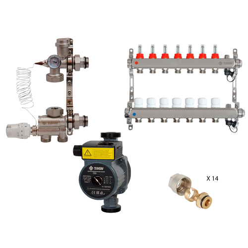 Коллекторная группа для теплого пола TAEN (нерж) 1x3/4x7 вых (р/в), насосно-смесительный узел, насос TAEN 25/6, евроконус, UCM+UC-7+UC1634