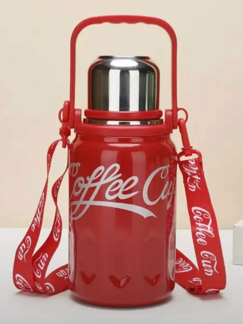 фото Термос из нержавеющей стали Coffee Cup с вакуумной крышкой, с ручкой и ремешком для удобной переноски красный