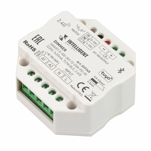 INTELLIGENT ARLIGHT Диммер SMART-0-10V-301-72-DIM-PD-IN (230V, 1x20mA, TUYA BLE, 2.4G) (IARL, IP20 Пластик, 5 лет) arlight диммер smart d14 tuya dim push in 230v 1 5a 0 1 10v 2 4g arl ip20 пластик 5 лет