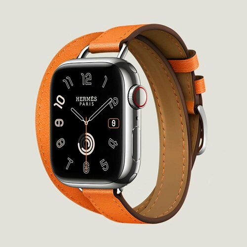 Часы Apple Watch Herms Series 9 GPS Cellular 41mm Silver Stainless Steel Case with Orange Swift Leather Attelage Double Tour 21770000₽
