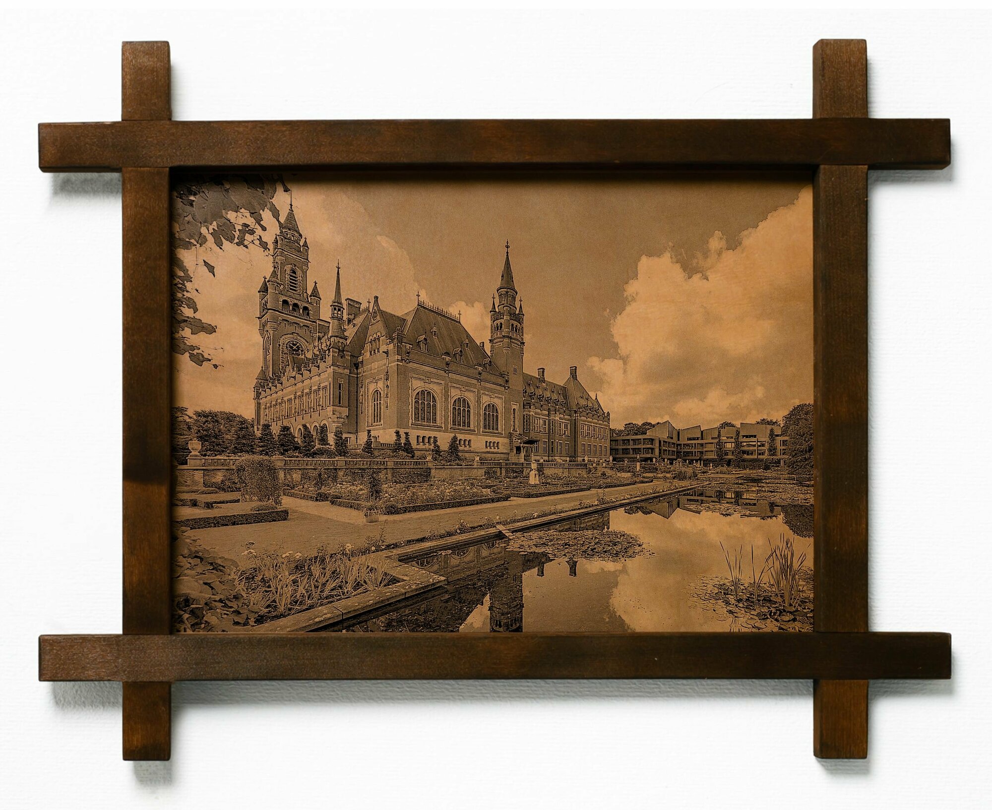 Картина Дворец мира, Гаага, гравировка на натуральной коже, интерьерная для украшения и декора на стену в деревянной раме, подарок, BoomGift