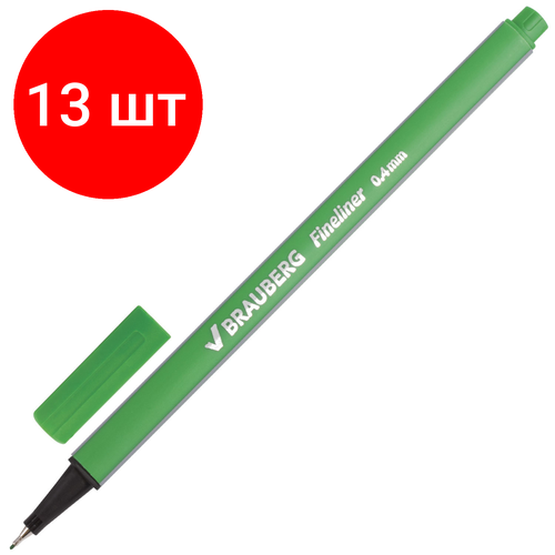 Комплект 13 шт, Ручка капиллярная (линер) BRAUBERG Aero, светло-зеленая, трехгранная, металлический наконечник, линия письма 0.4 мм, 142250