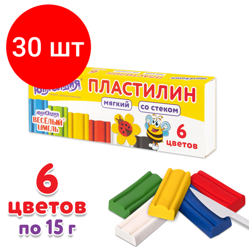 Комплект 30 шт, Пластилин мягкий юнландия веселый шмель, 6 цветов, 90 г, со стеком, 106671 пластилин 36 цветов юнландия веселый шмель 720г со стеком 3 уп 106434